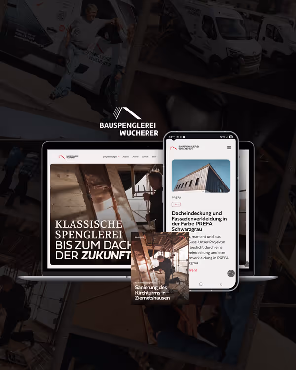 Im Hintergrund sieht man eine Produkt- und Menschfotografie der Geschäftsführer vor ihrem Firmenwagen. Im Vordergrund zeigen Laptop und Smartphone die responsiv und mobile-first umgesetzte Website, die primär zur Mitarbeitergewinnung optimiert wurde und durch ein vollflächiges Video die Besucher der Seite begeistert. Neben der Logo und Corporate Design Überarbeitung zeigt das Handy die CMS-Funktionen zu einstellbaren Projekten.