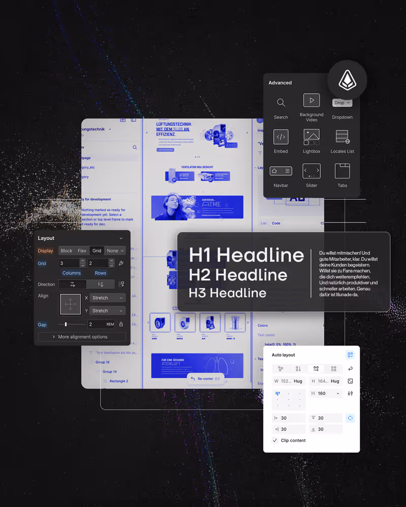 Webflow-Oberfläche, die überlagert wird durch ausgeschnittenten Bedienelemente für einen modernen Prototypingflow durch Figma, Builder, Vibe Coding und das alles als Design Thinking Sprint angelegt. Das Bild zeigt den iterativen Design- und Produktentwicklungsprozess anhand einer MVP-Entwicklungsumbegung.