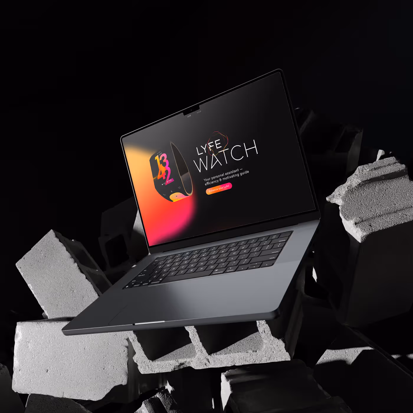 Schwebender Laptop als digitales Mockup zwischen Steinen. Auf dem Bildschirm sieht man die moderne Startseite einer innovativen Smartwatch. Kernkompetenzen waren neben dem Corporate Design auch Animationen, Motion Design und Videoschnitt.
